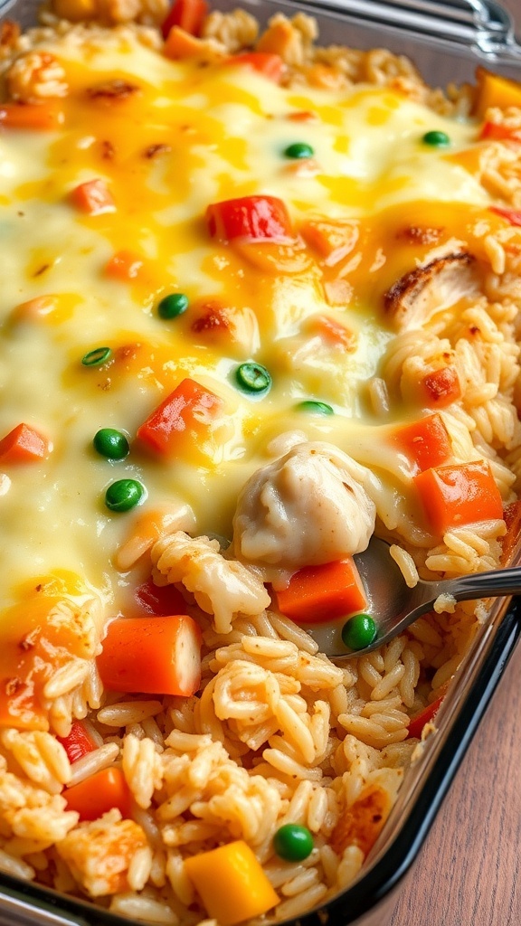 A delicious chicken and rice casserole topped with melted cheese and mixed vegetables.